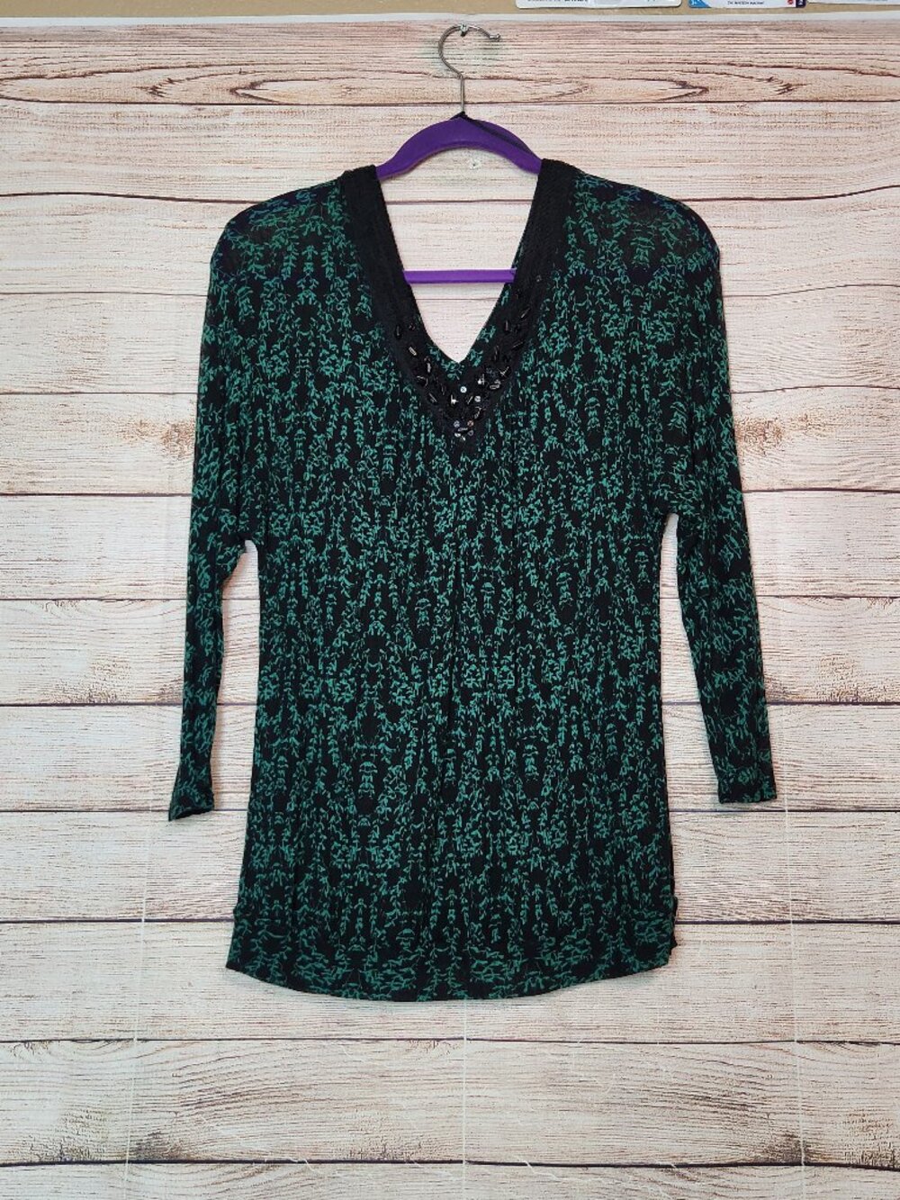 Free People Sequin Bead Embellished Blouse Women's L V-Neck Long Sleeve Sheer